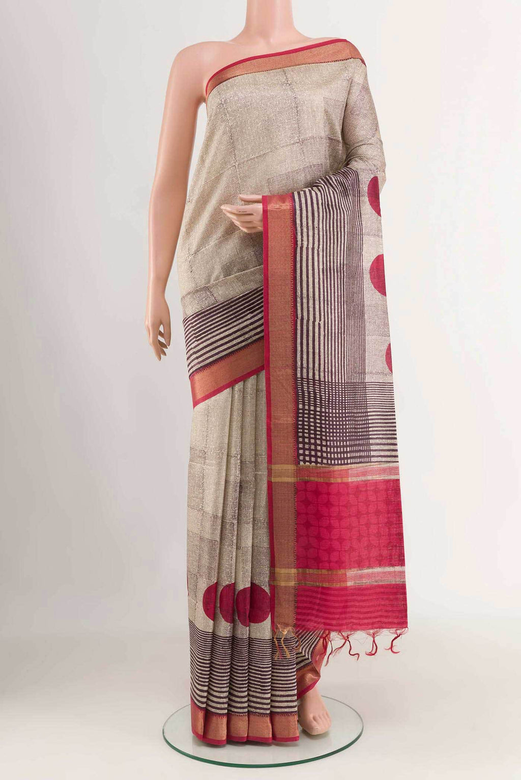 Beige Tussar Silk Saree