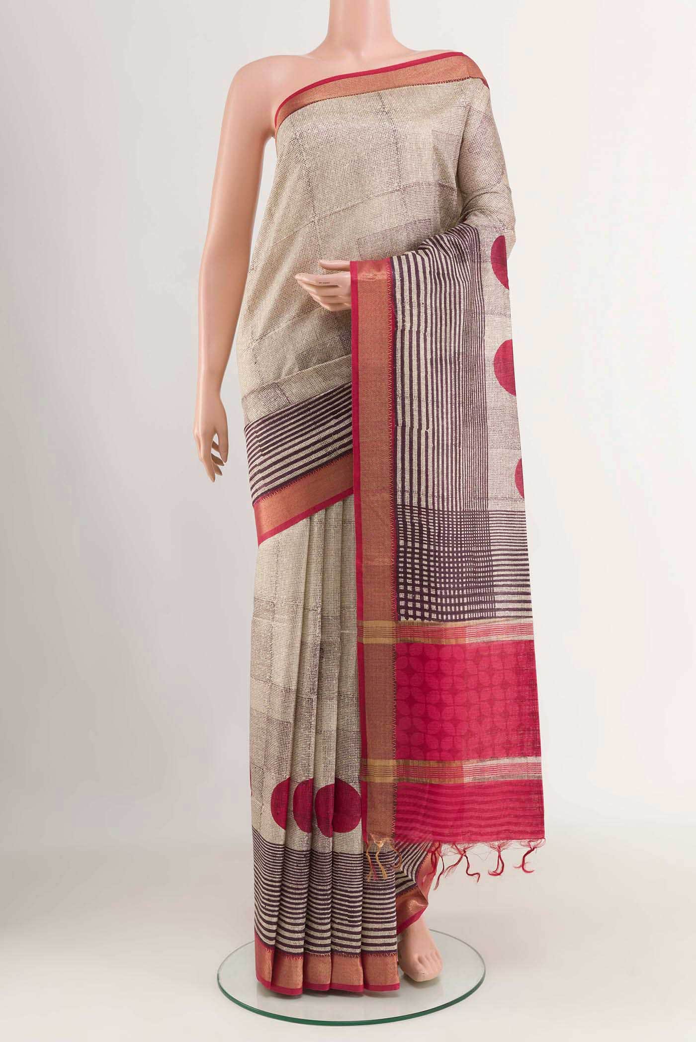 Beige Tussar Silk Saree