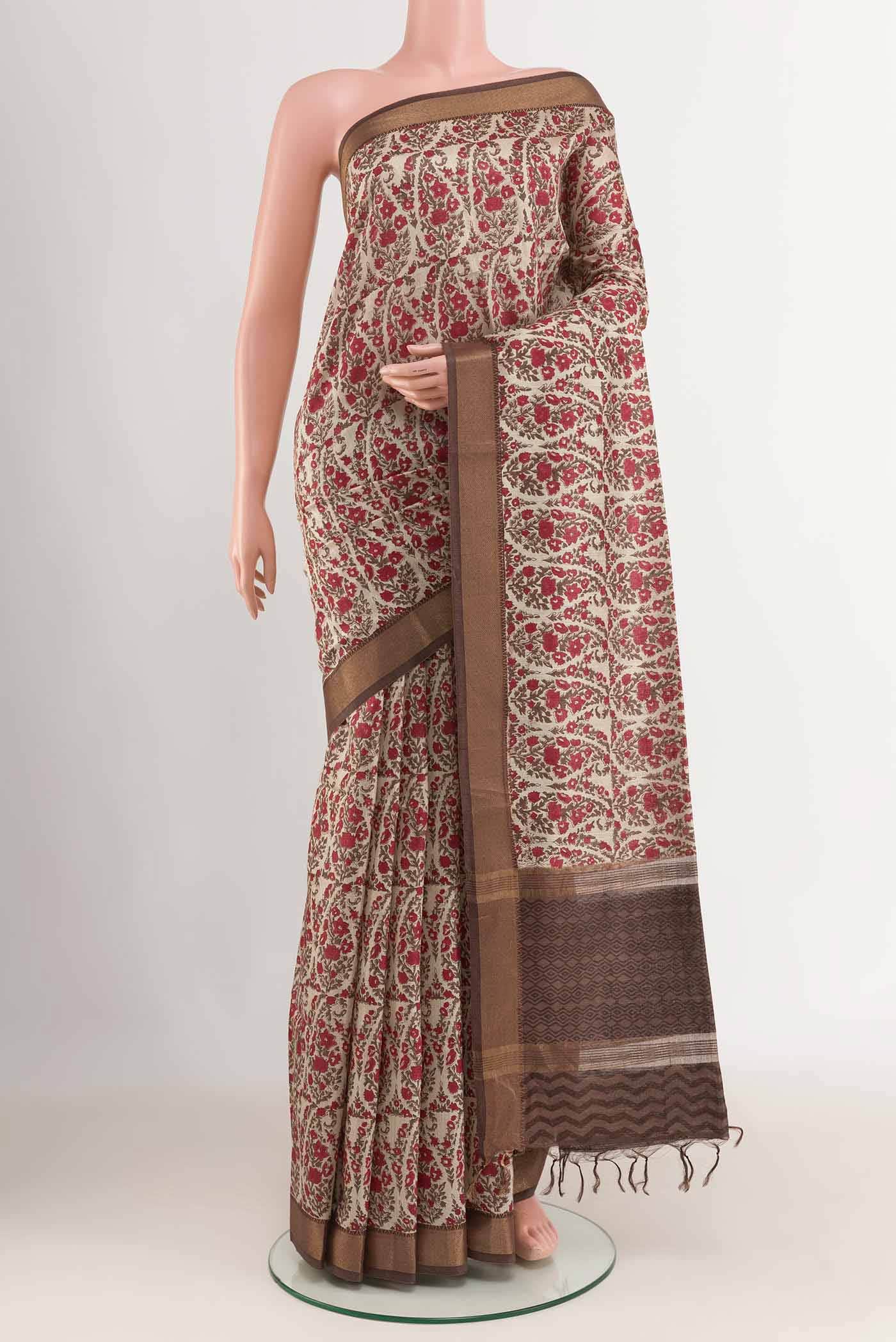 Beige Tussar Silk Saree