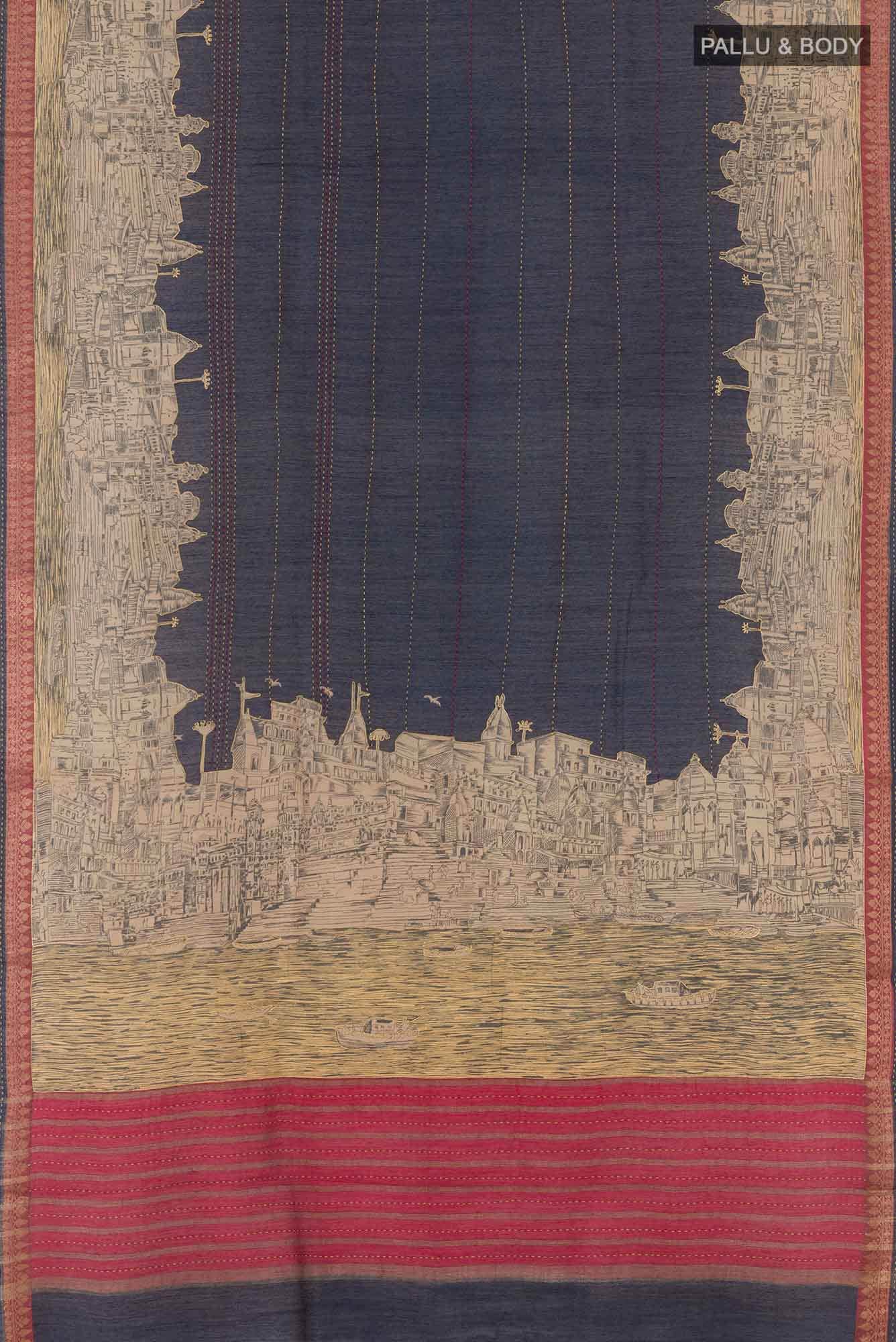 Dark Blue Tussar Silk Saree