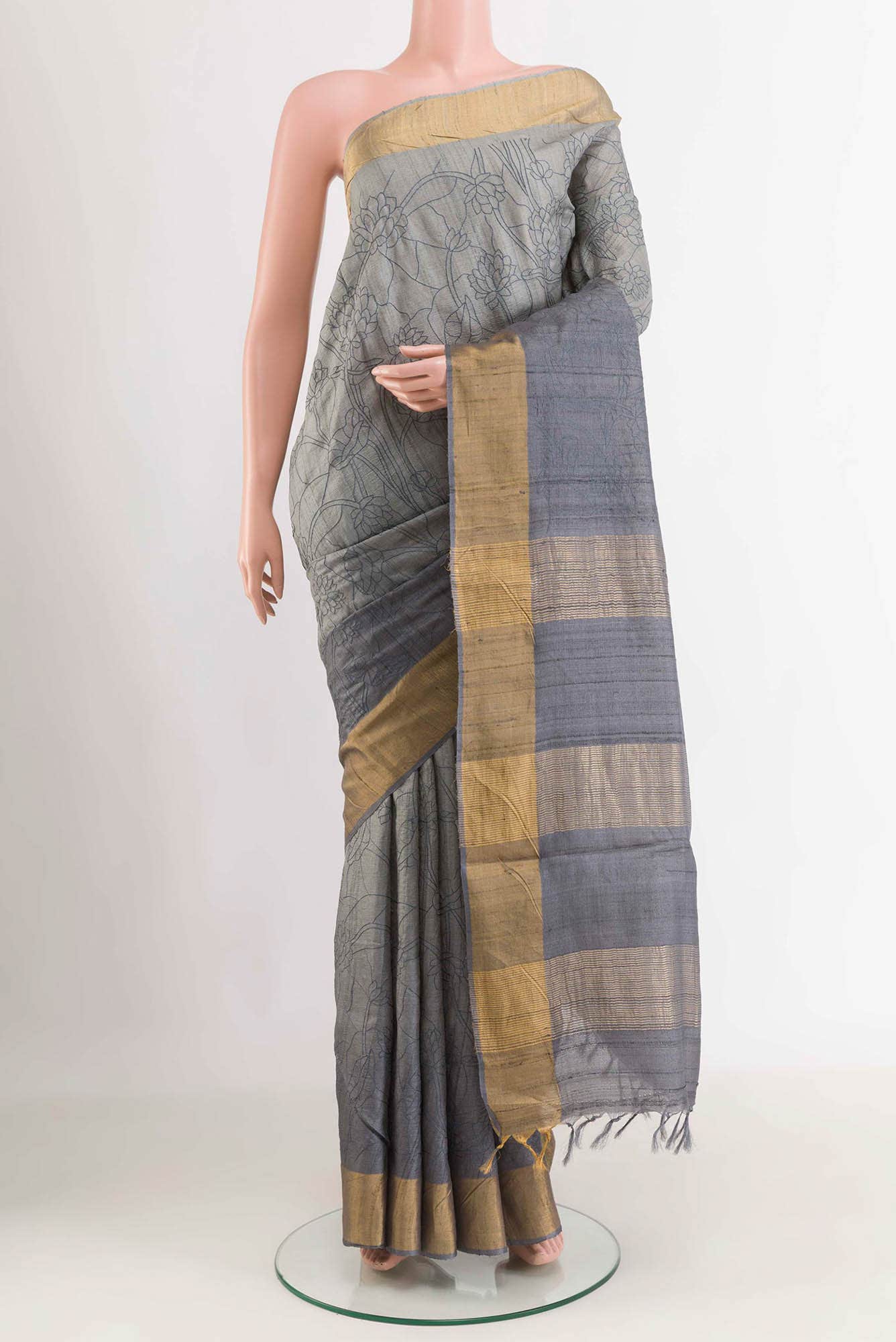 Blue Grey Tussar Silk Saree