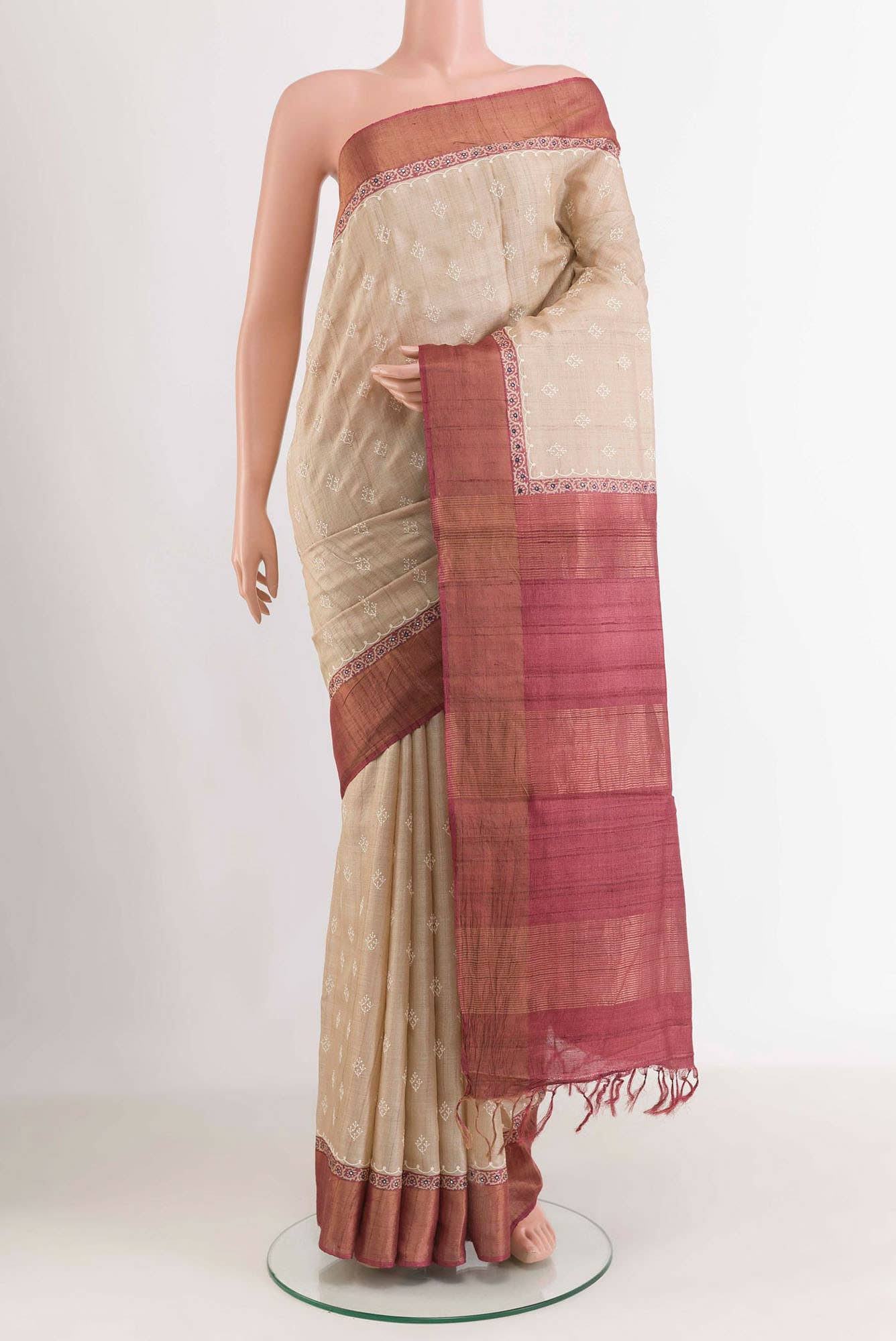 Beige Tussar Silk Saree