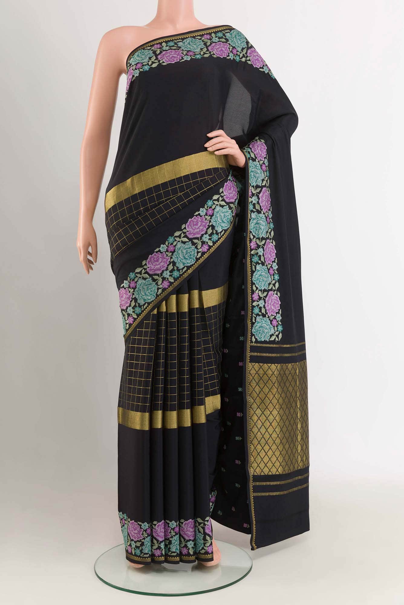 Black Mysore Crepe Saree