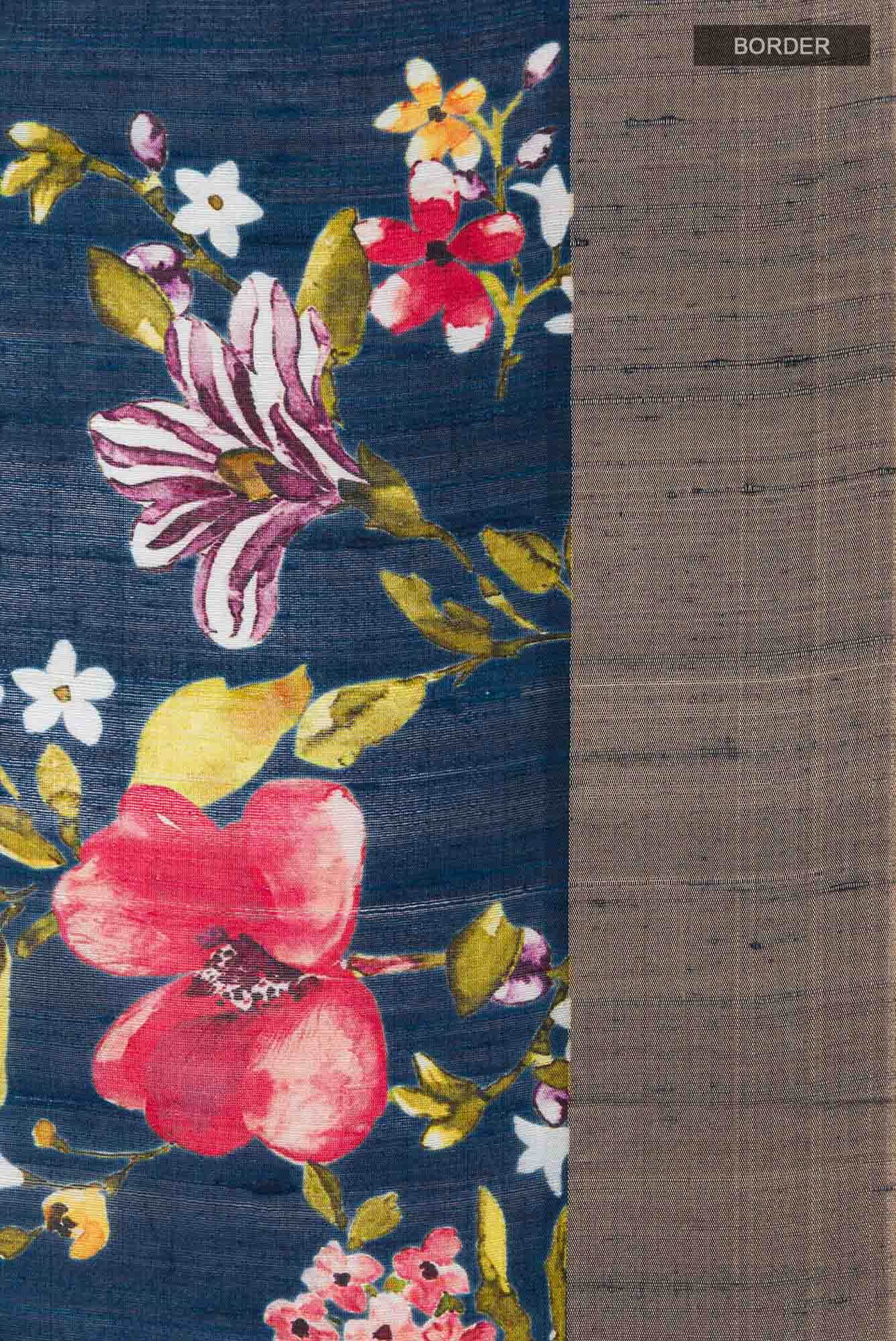 Navy Blue Tussar Silk Saree