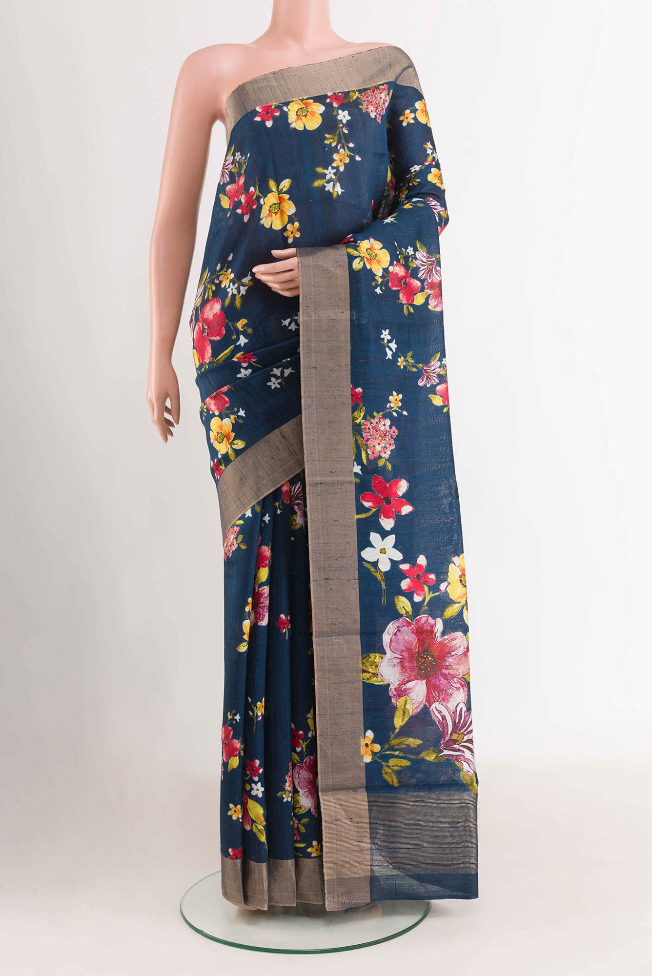 Navy Blue Tussar Silk Saree