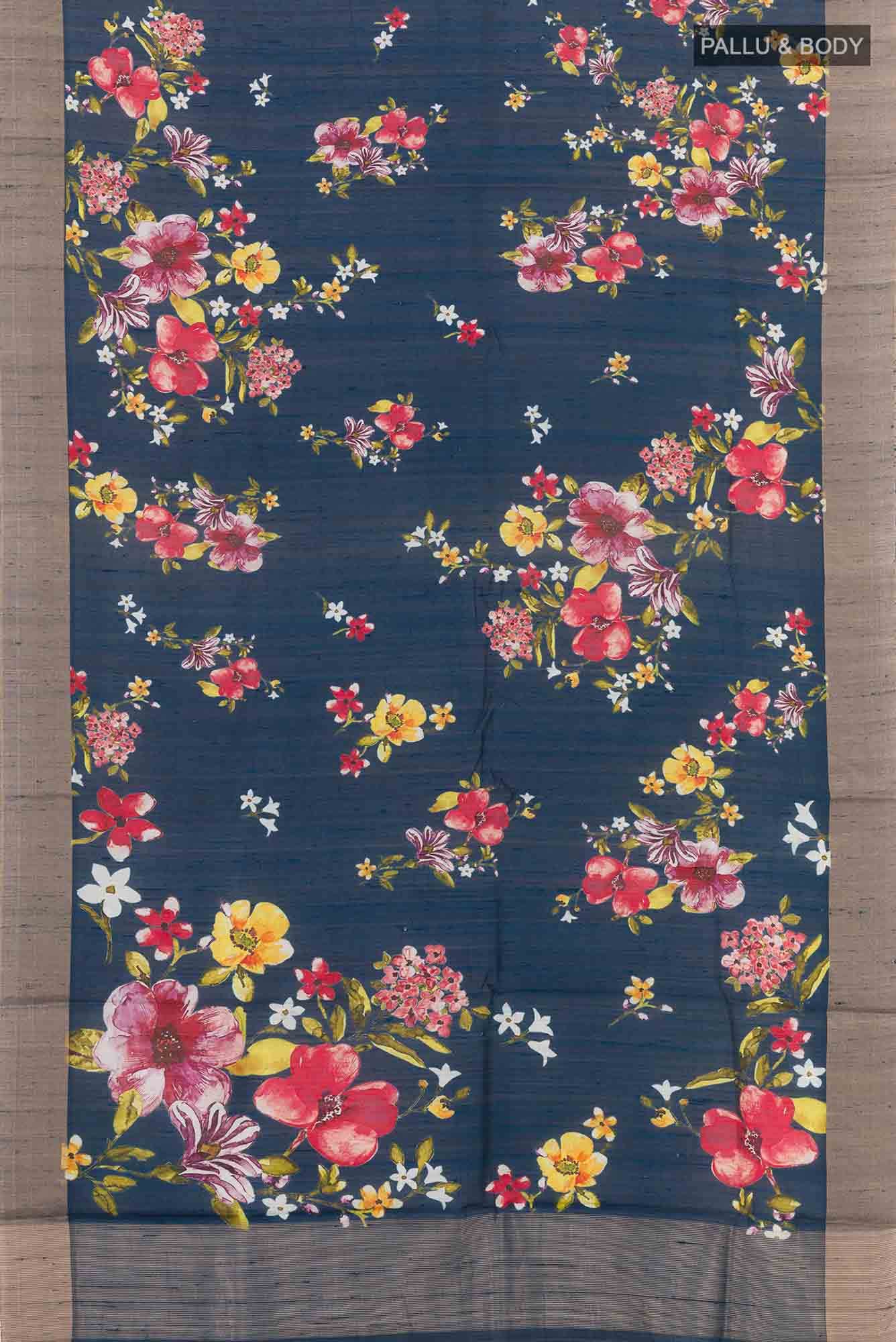 Navy Blue Tussar Silk Saree