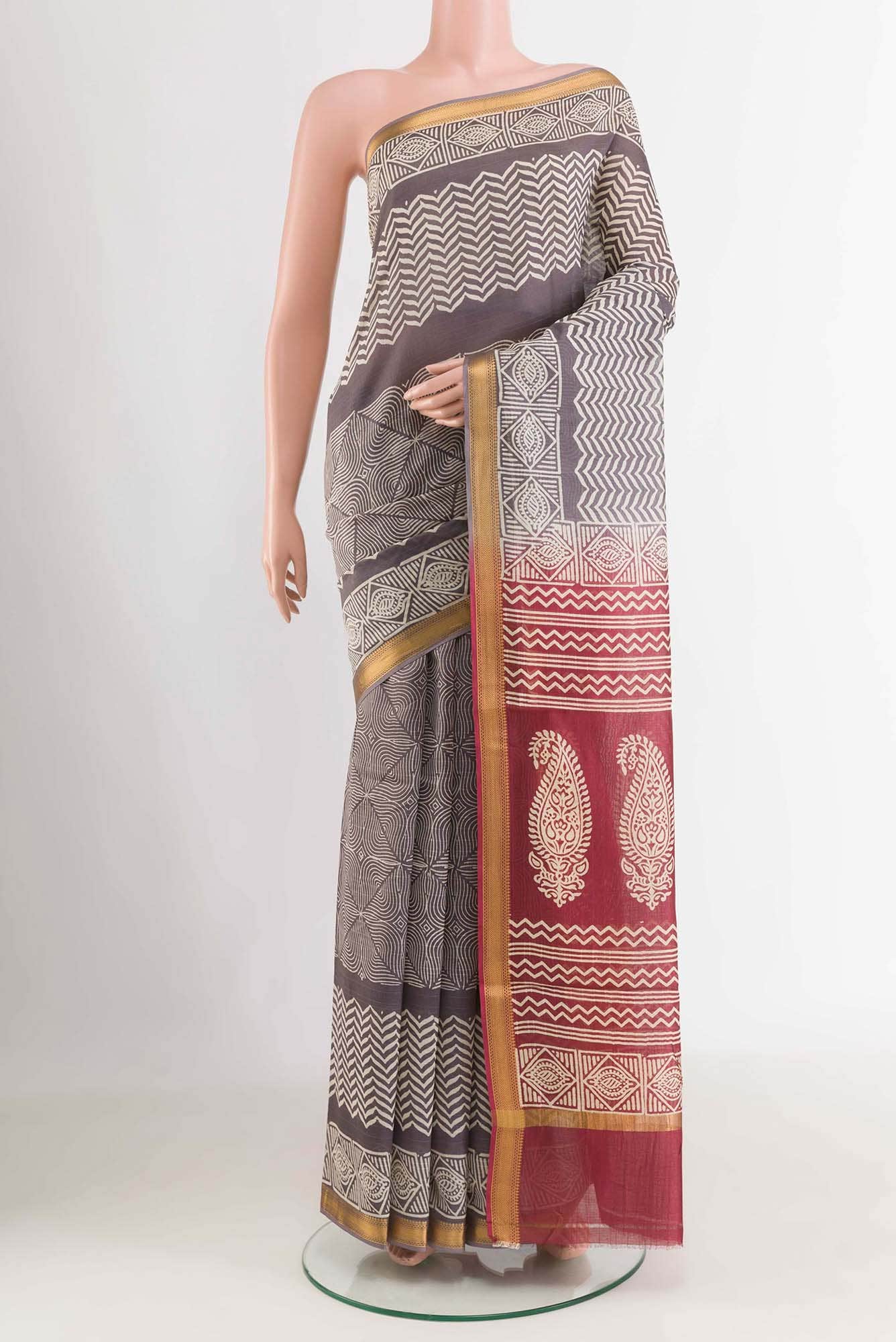 Grey Blended Maheshwari Silk Cotton Saree