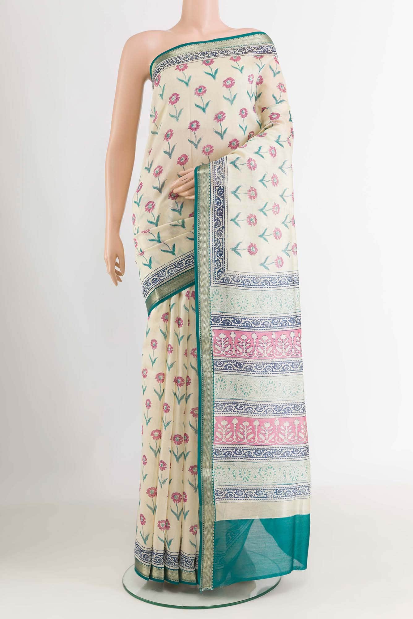 Off White Blended Maheshwari Silk Cotton Saree
