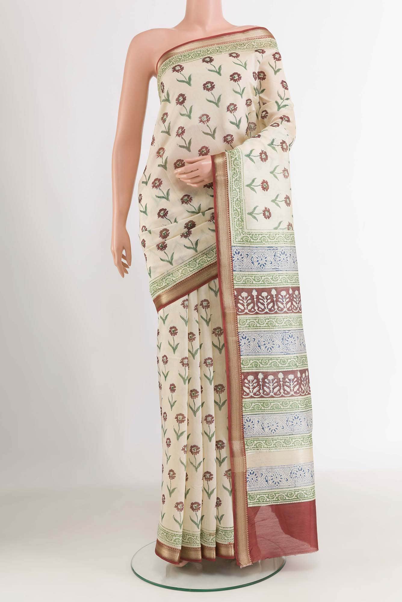 Off White Blended Maheshwari Silk Cotton Saree