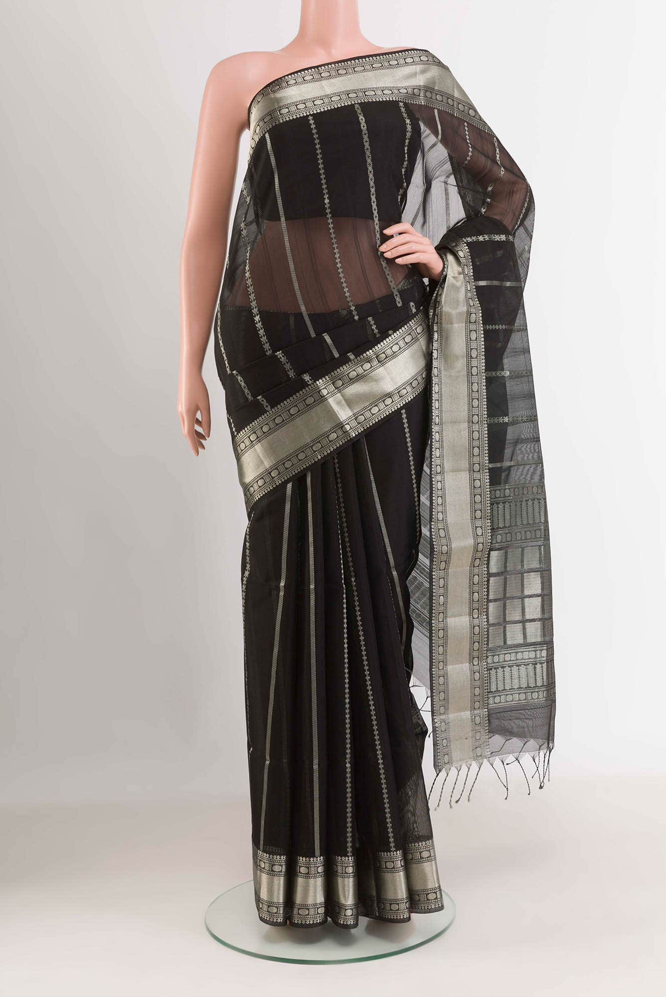 Black Blended Kora Silk Saree