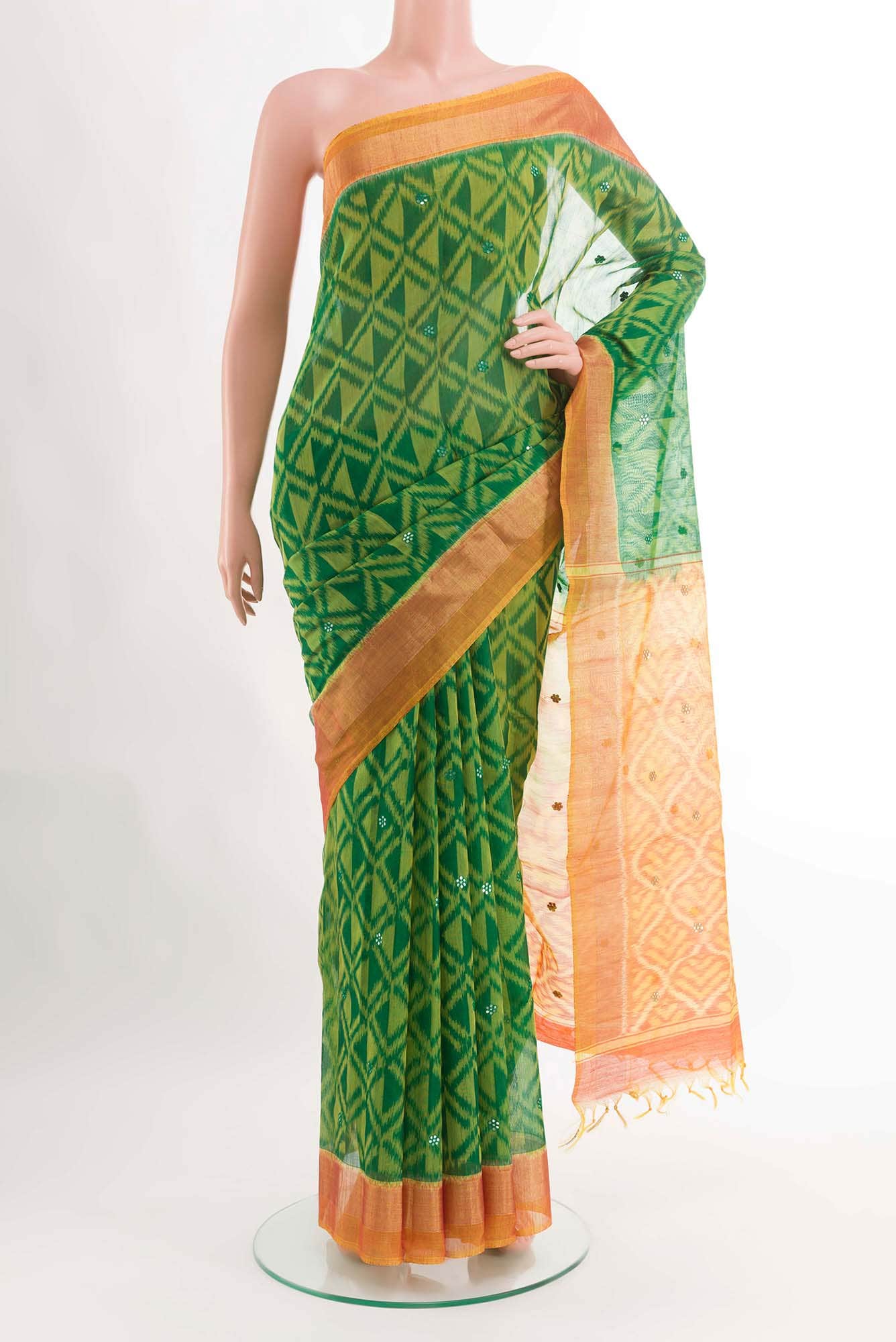 Green Blended Kora Cotton Saree