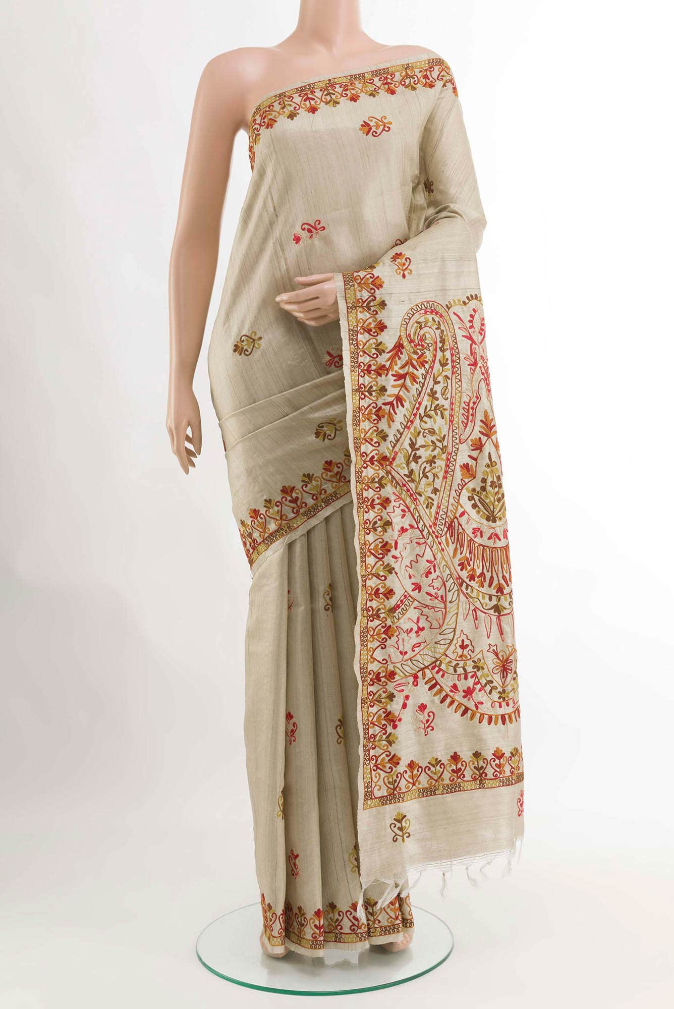 Beige Tussar Silk Saree