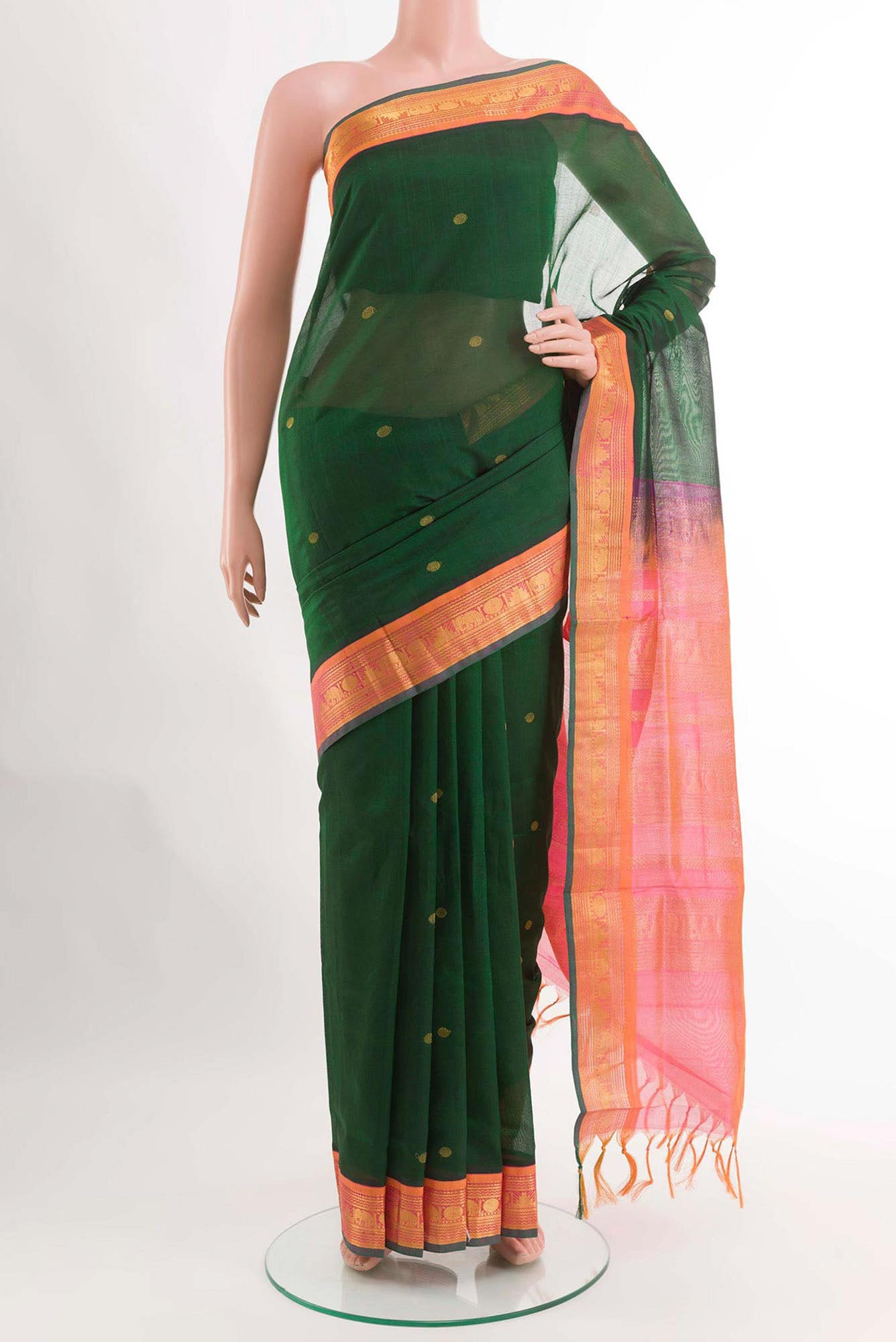 Bottle Green Dual Tone Kora Cotton Saree