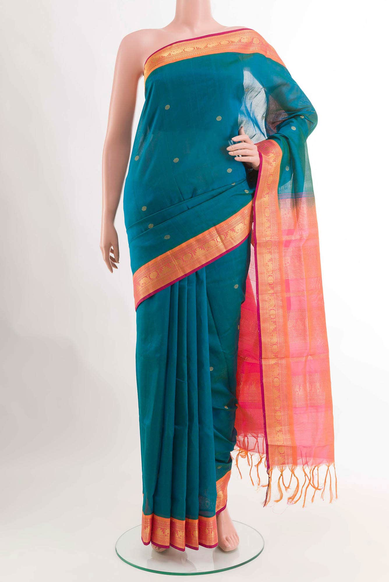 Peacock Blue Blended Poly Cotton Saree