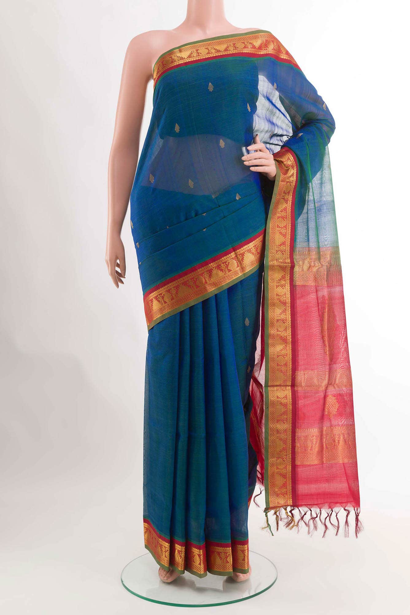 Peacock Blue Blended Poly Cotton Saree