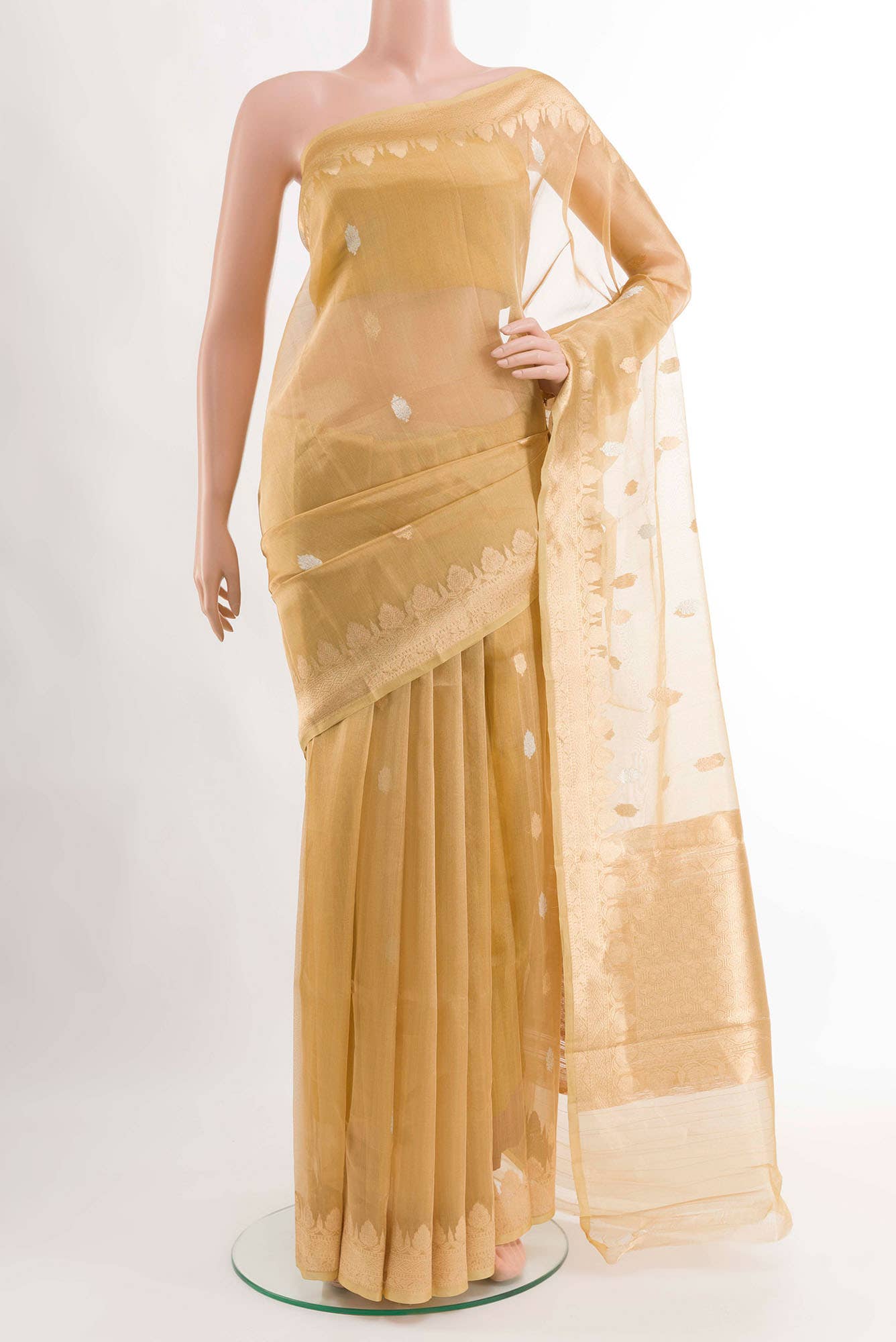 Golden Peach Organza Silk Saree