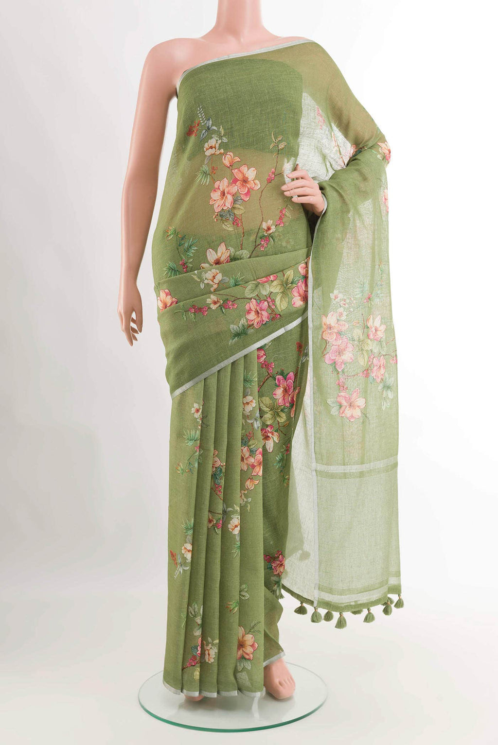 Green Blended Linen Cotton Saree
