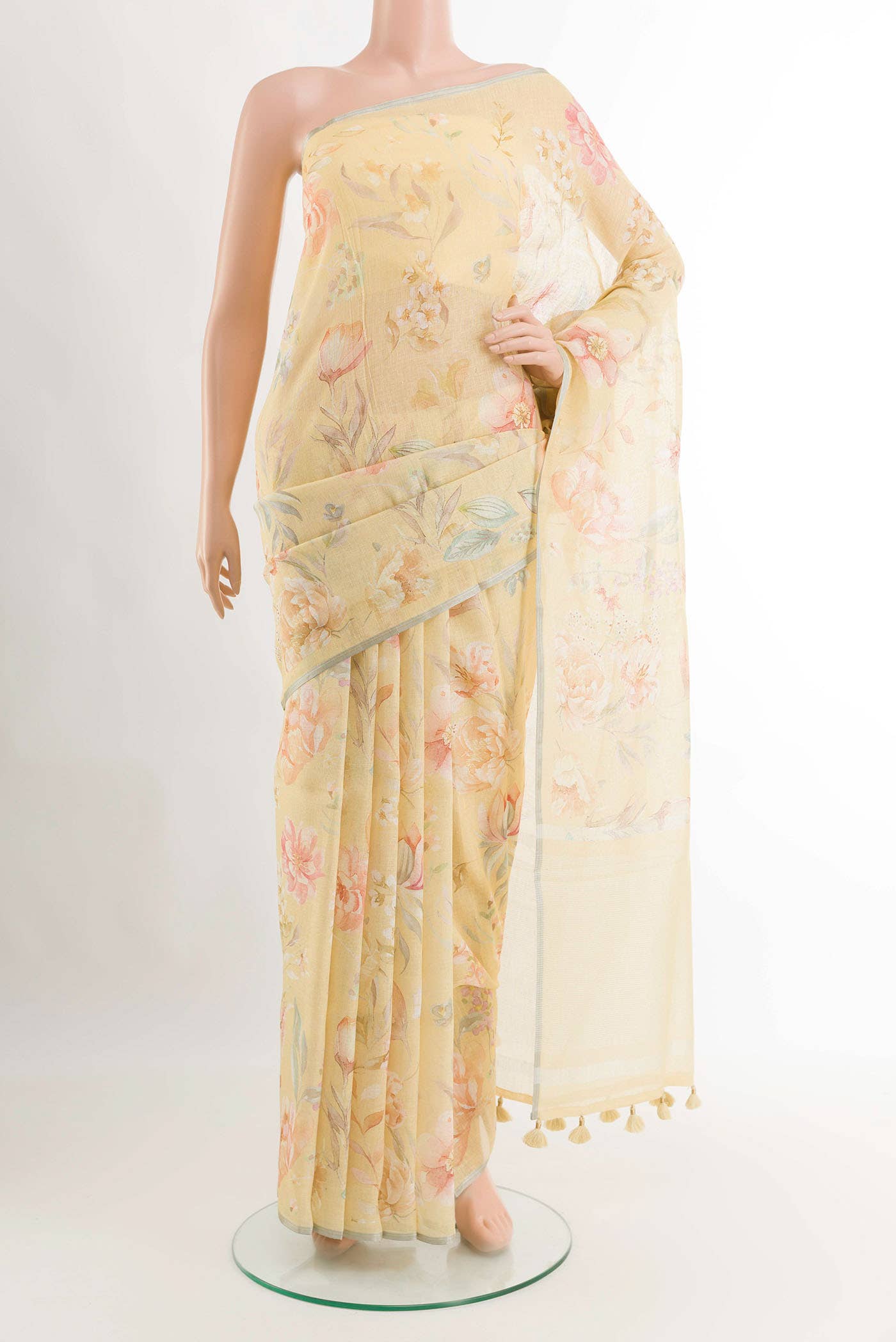 Lemon Yellow Blended Linen Cotton Saree