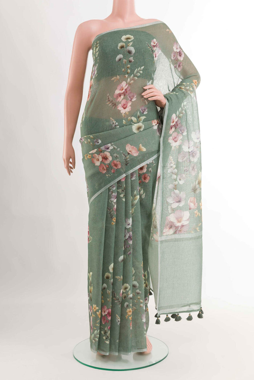 Green Blended Linen Cotton Saree