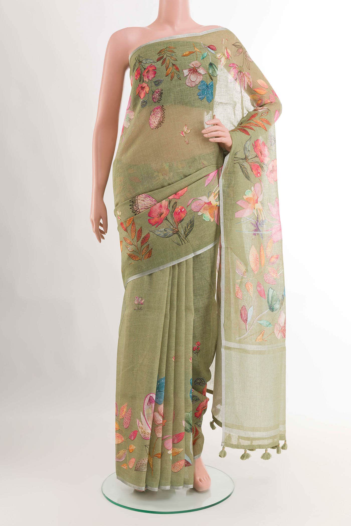 Green Blended Linen Cotton Saree