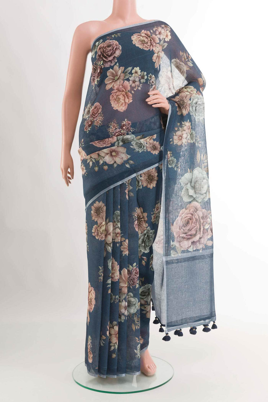 Dark Blue Blended Linen Cotton Saree
