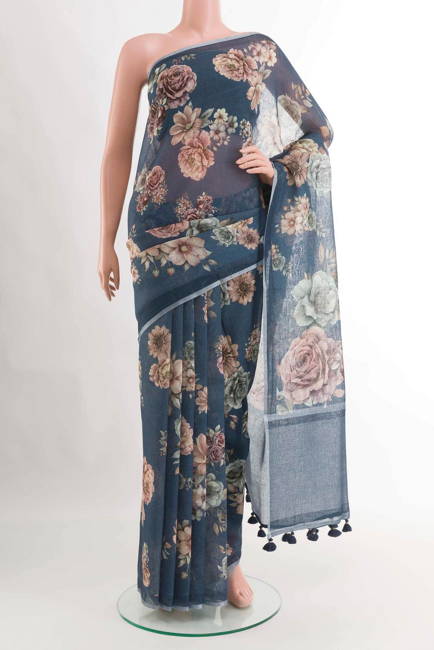Dark Blue Blended Linen Cotton Saree