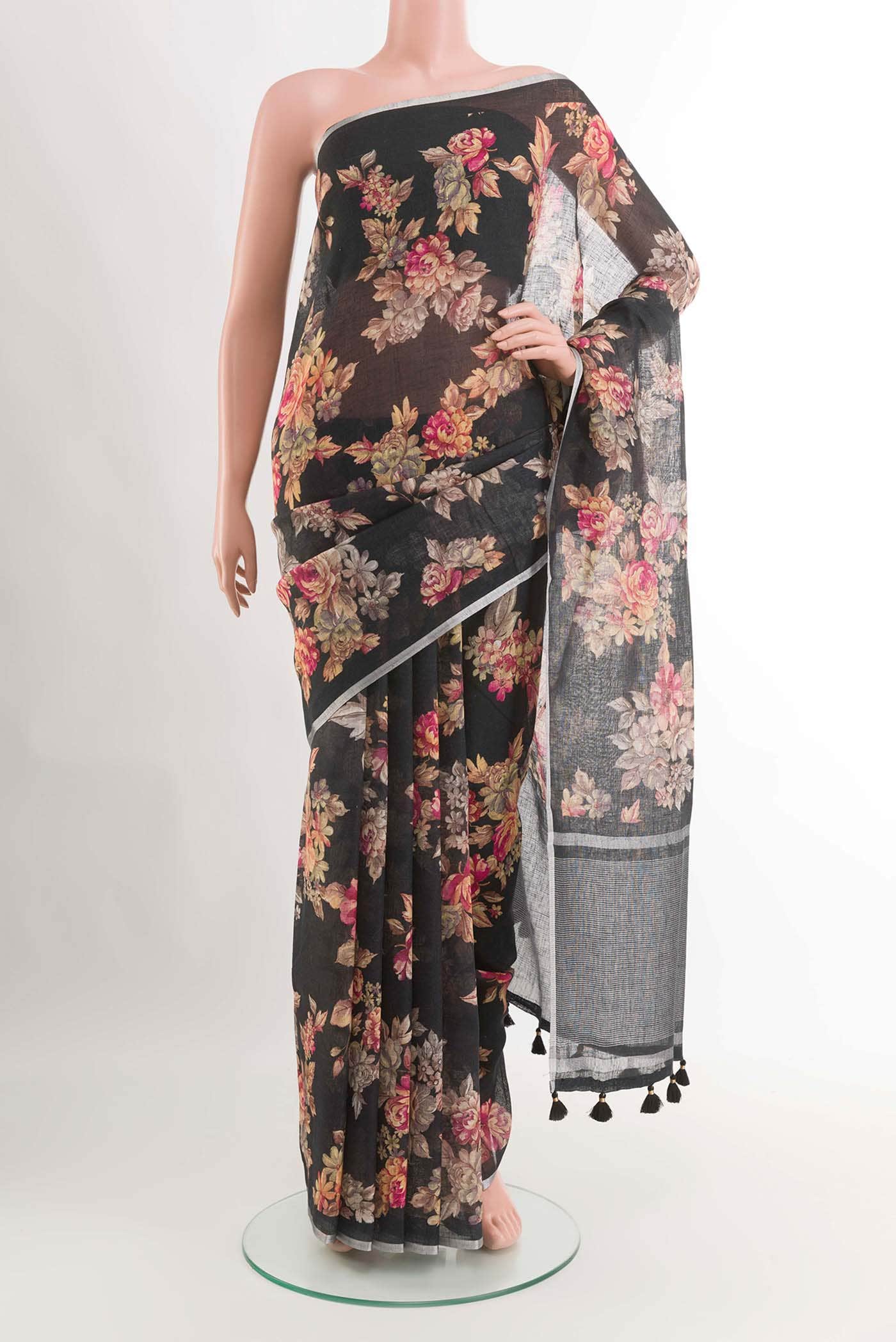 Black Blended Linen Cotton Saree