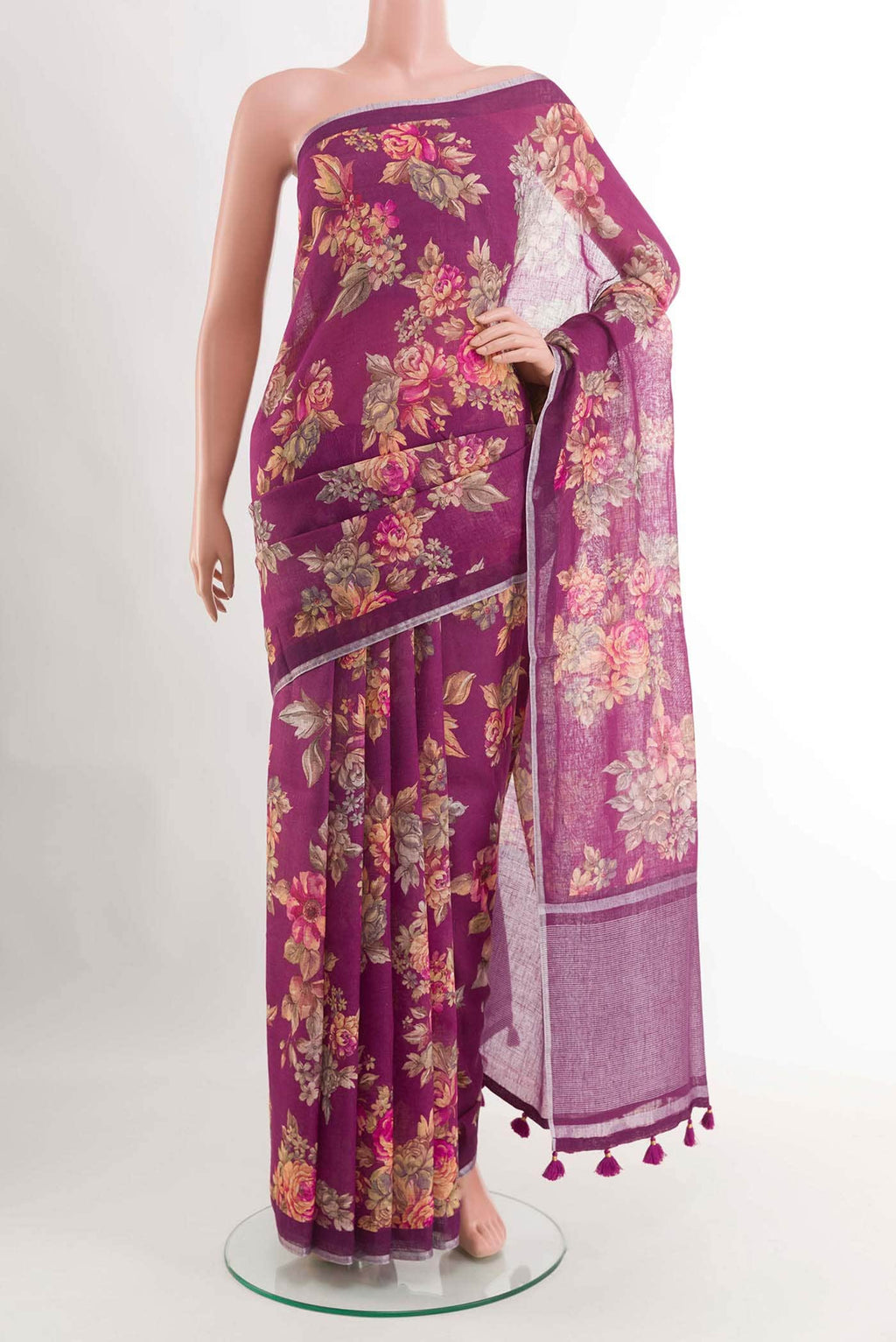 Magenta Blended Linen Cotton Saree
