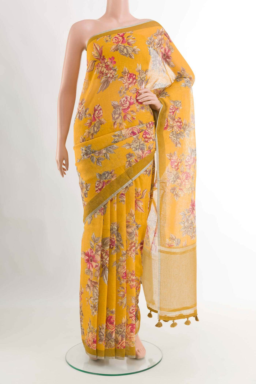 Mustard Blended Linen Cotton Saree