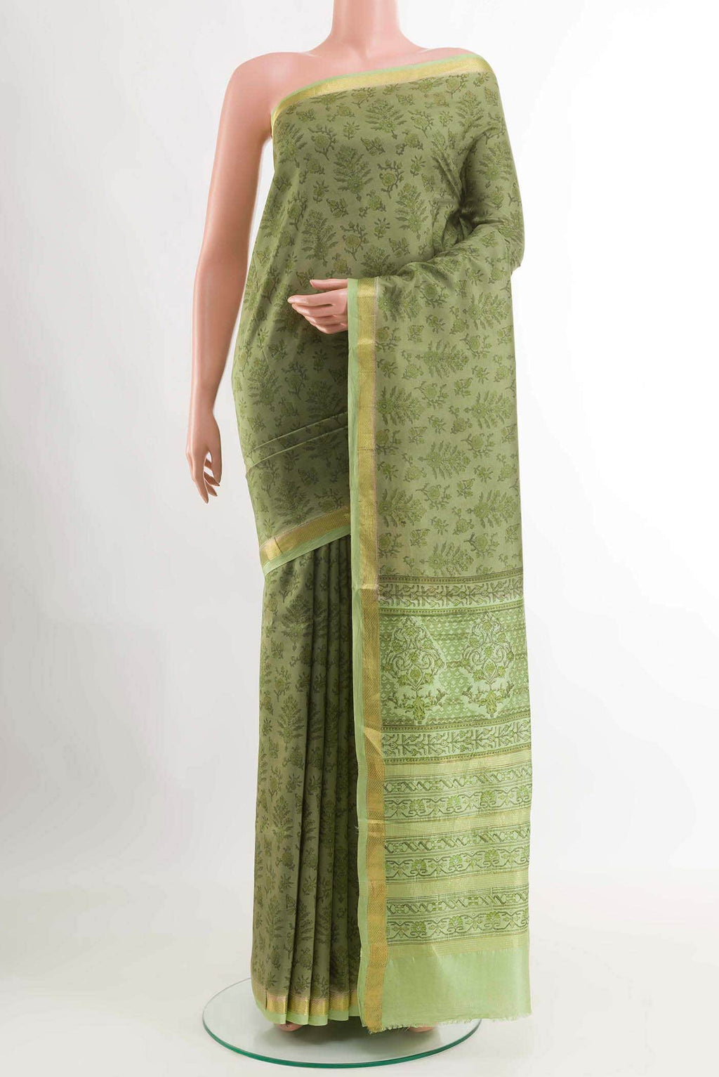 Olive Green Printed Silk Saree