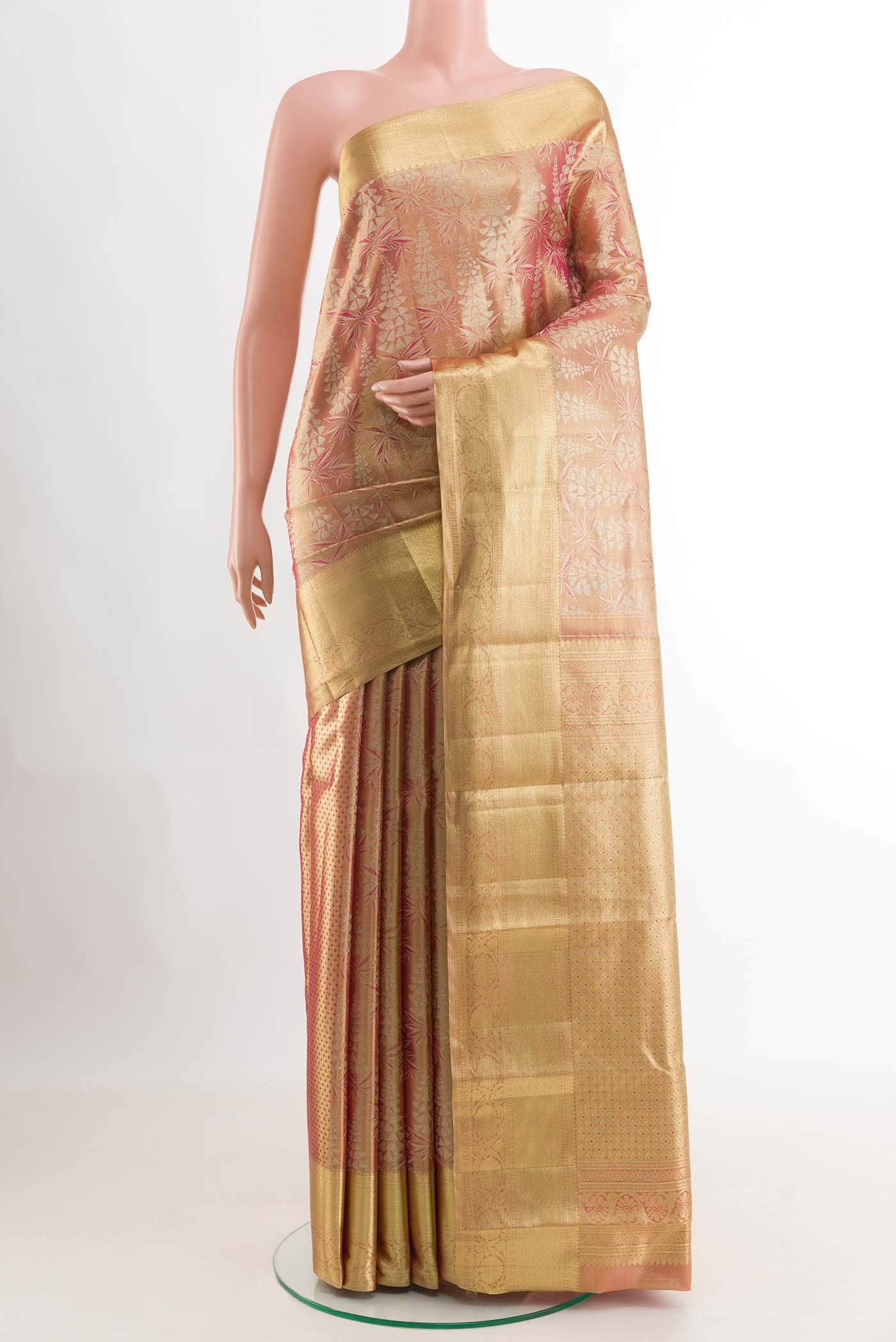 Golden Peach Dual Tone Kanchipuram Tissue Silk Saree