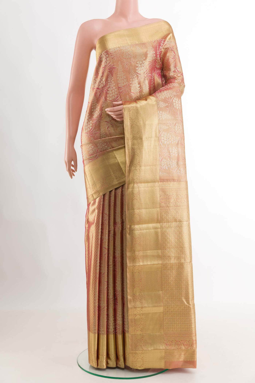 Golden Peach Dual Tone Kanchipuram Tissue Silk Saree