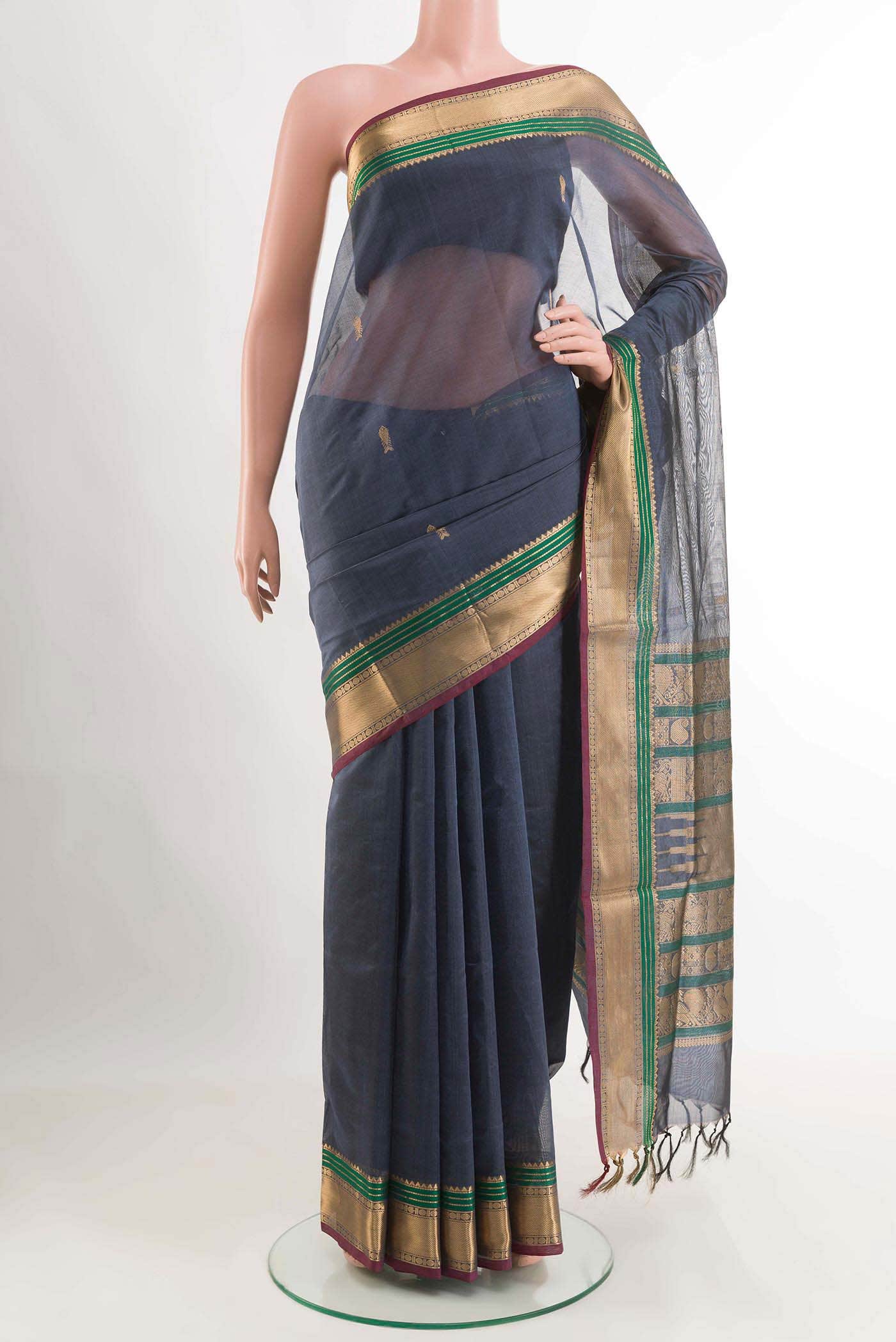 Blue Grey Poly Cotton Saree