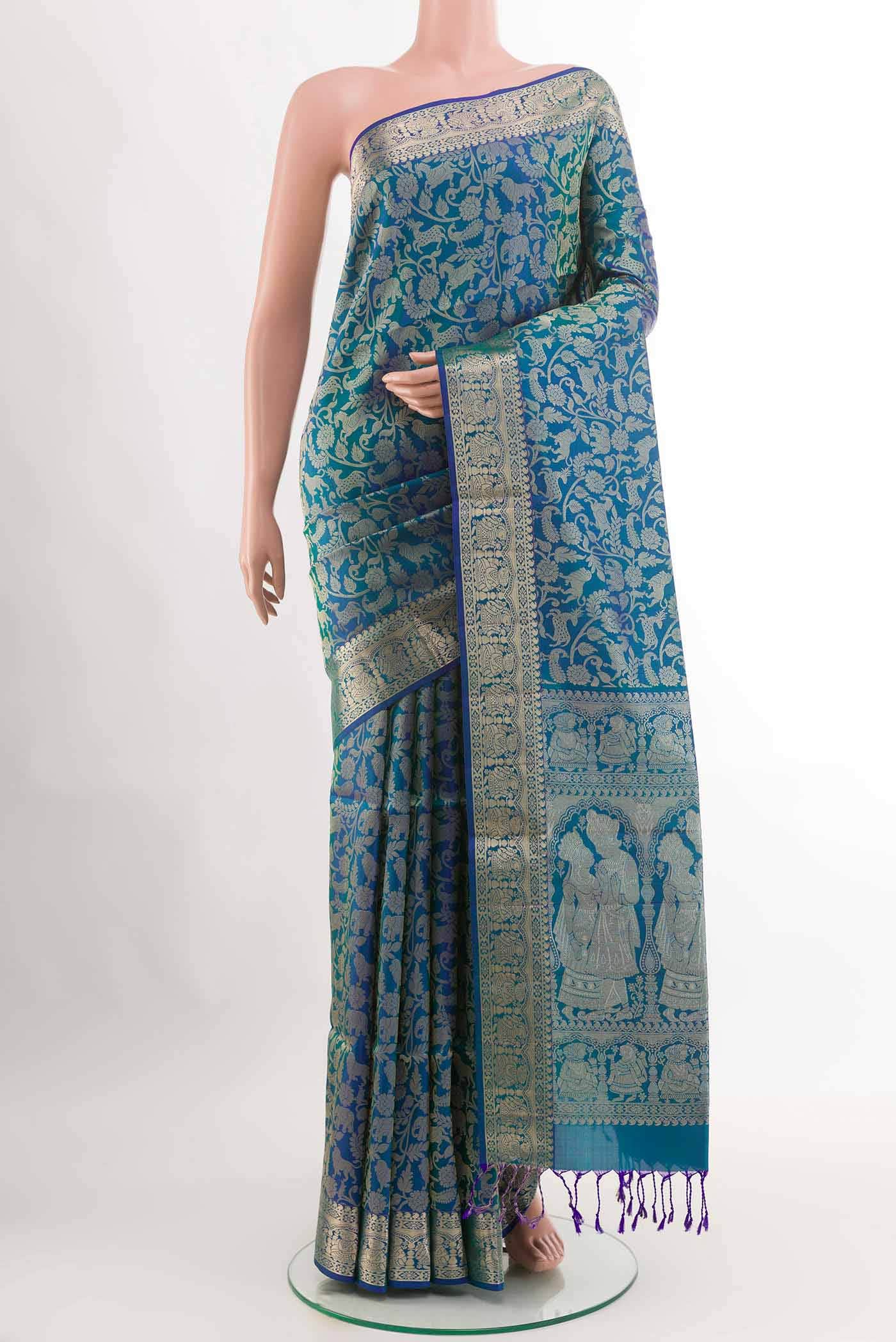 Peacock Blue Dual Tone Soft Silk Saree