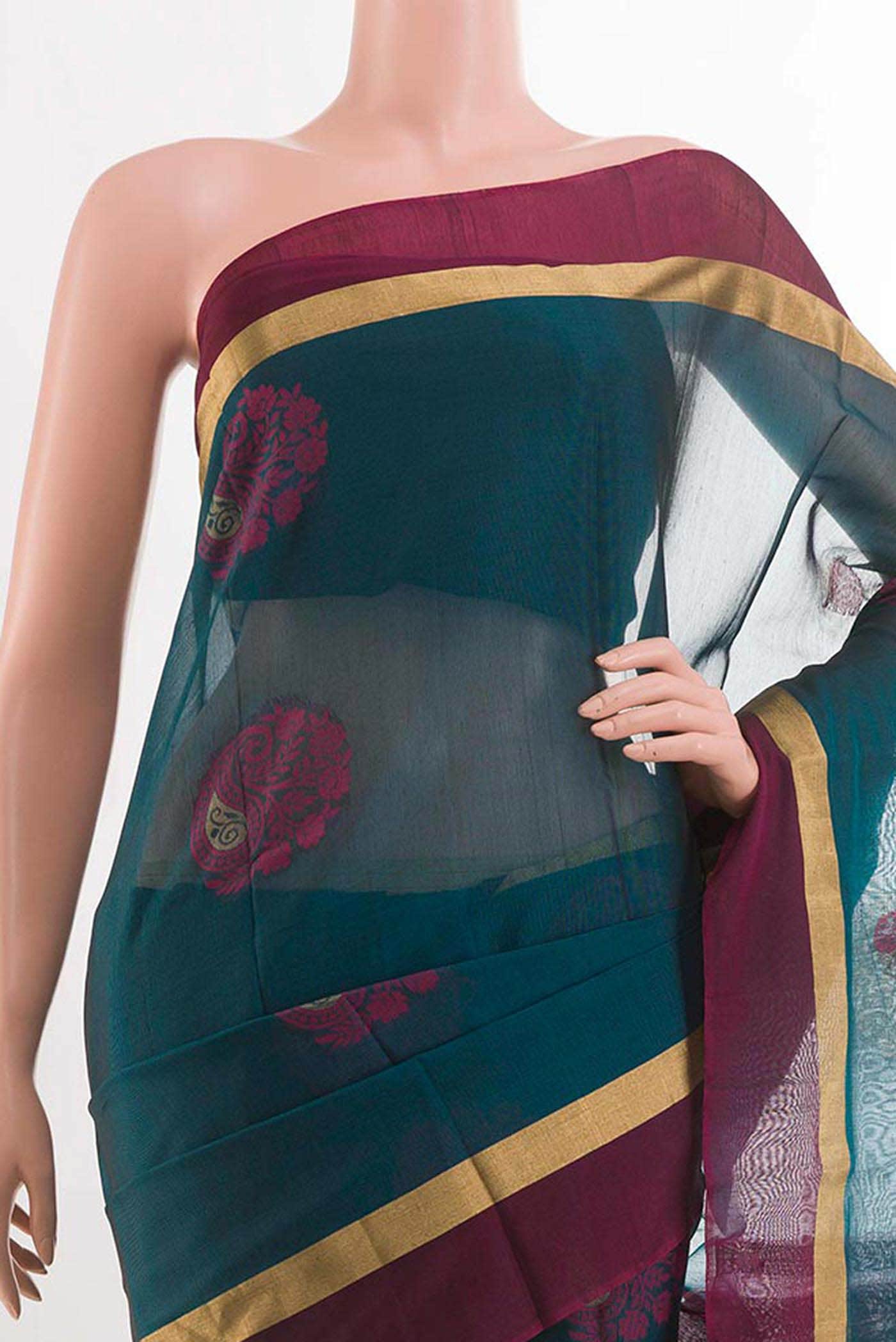 Peacock Blue Blended Kora Cotton Saree