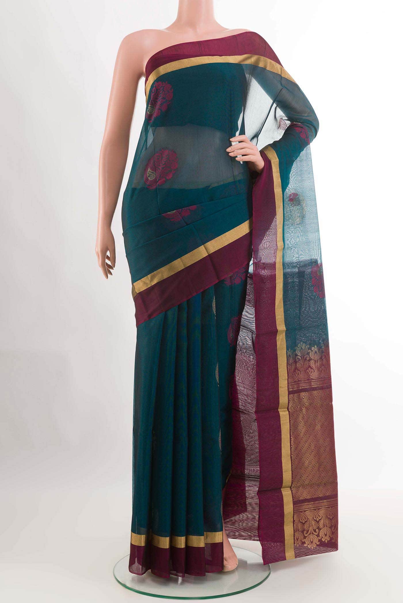 Peacock Blue Blended Kora Cotton Saree