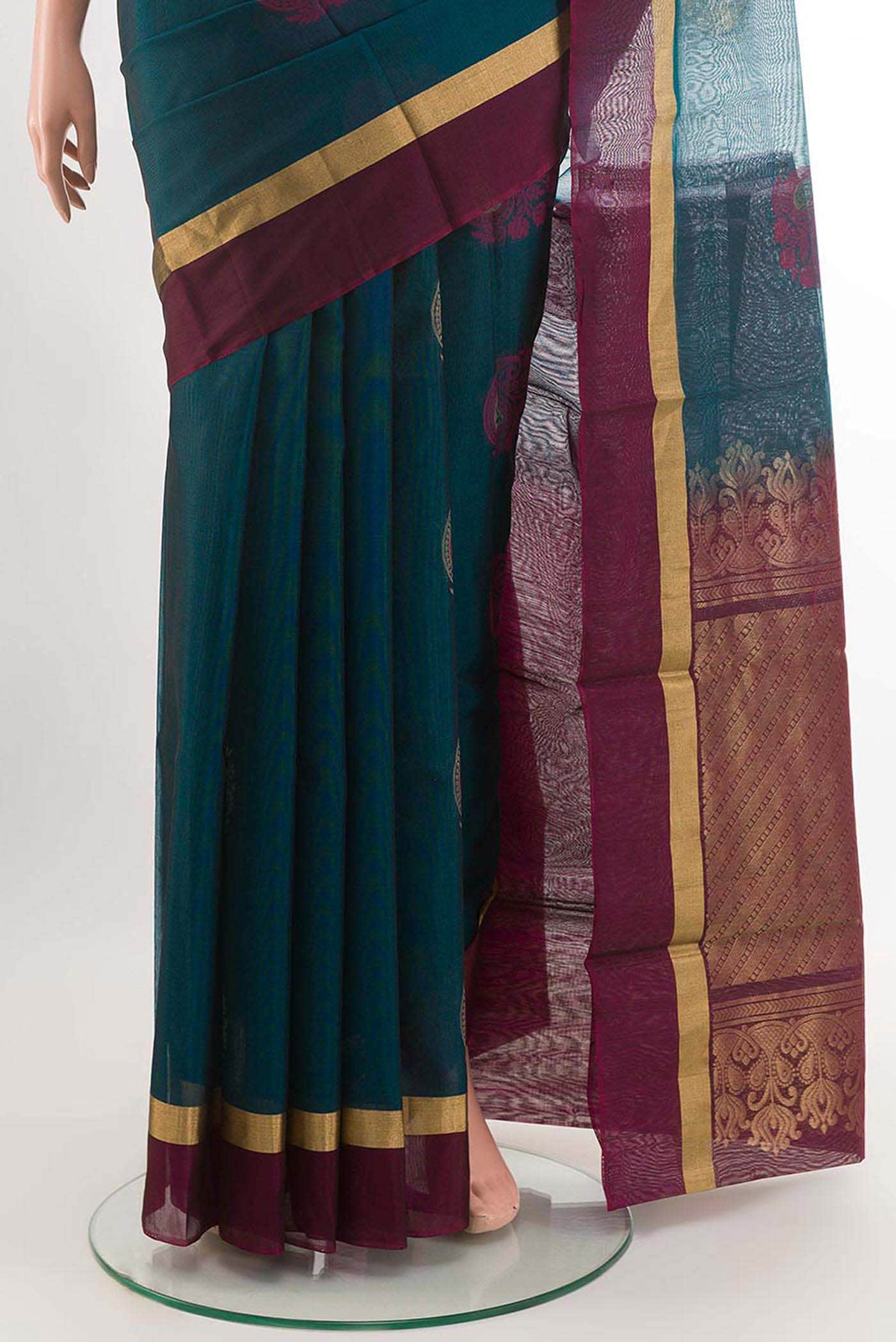 Peacock Blue Blended Kora Cotton Saree