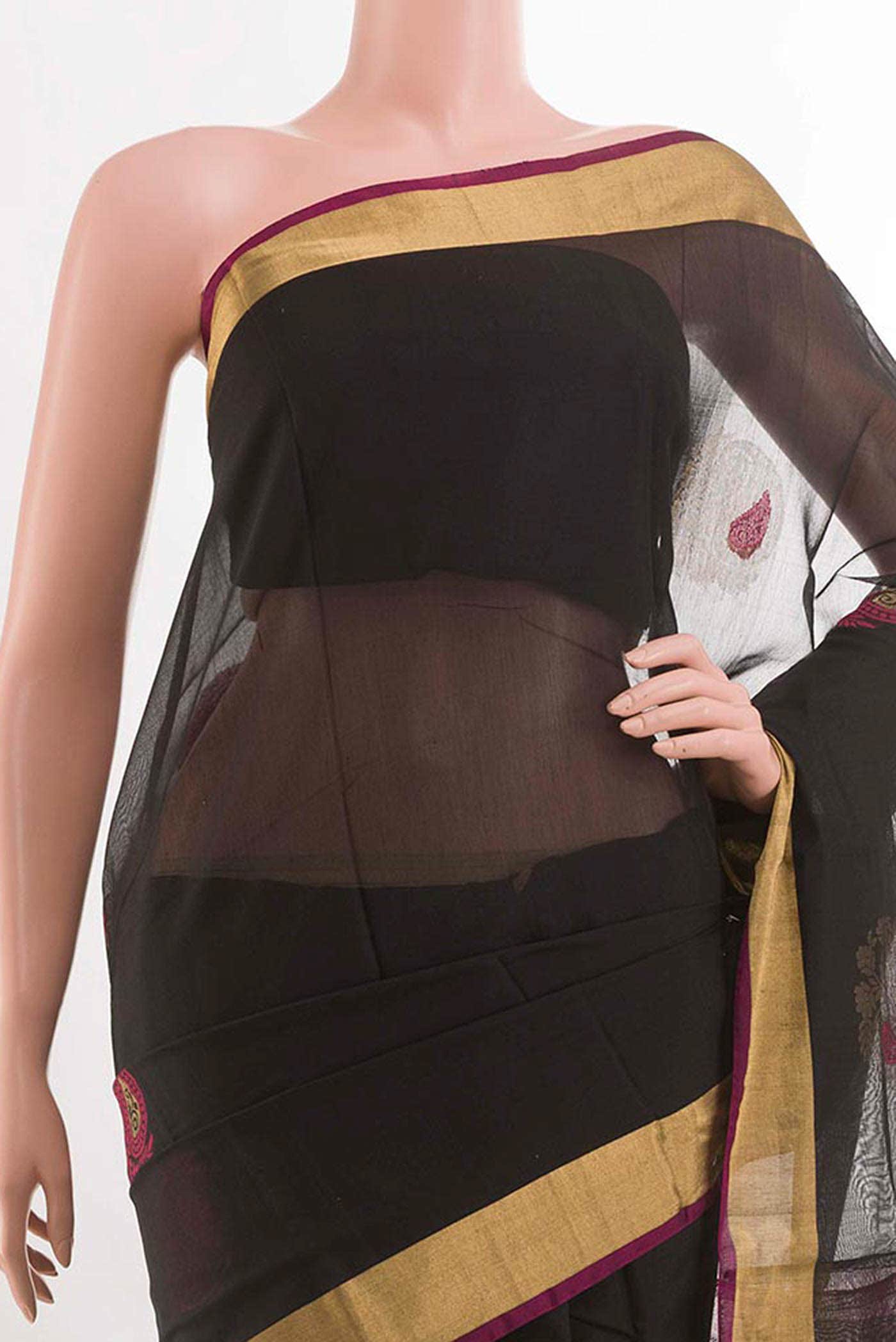 Black Blended Kora Cotton Saree