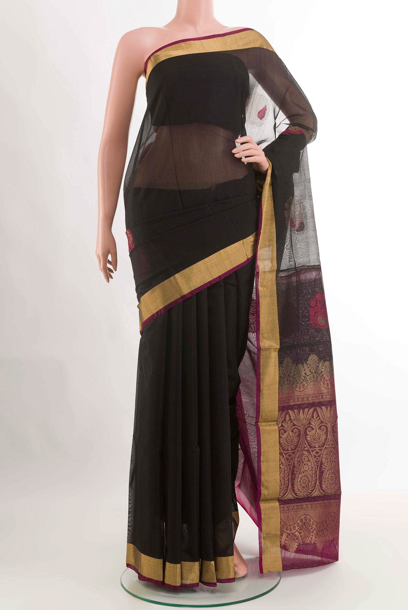 Black Blended Kora Cotton Saree