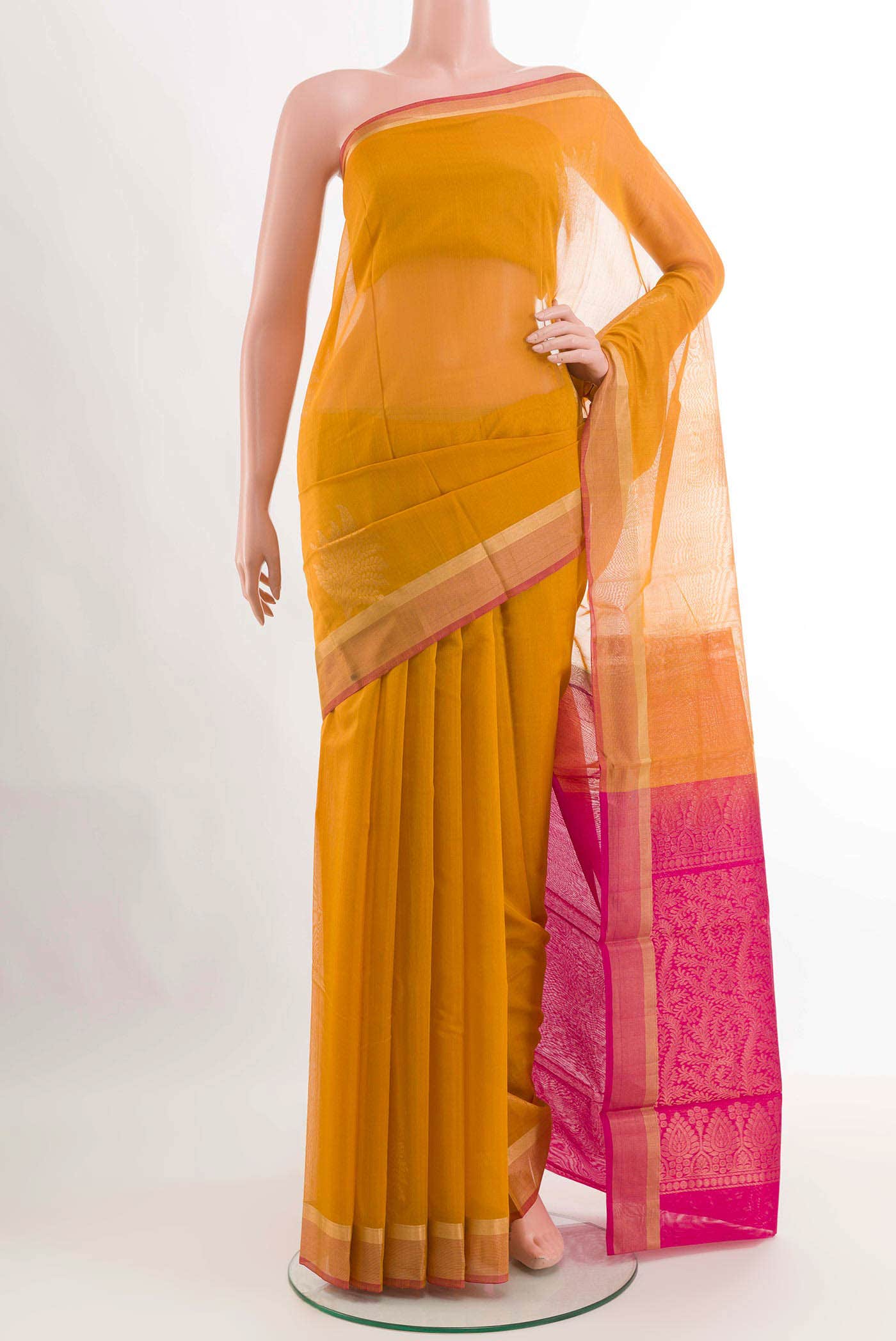 Yellow Blended Kora Cotton Saree