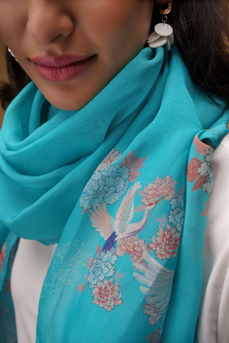 Flying Cranes blue Stole from Birds of Paradise, Scarves & Stoles Collection