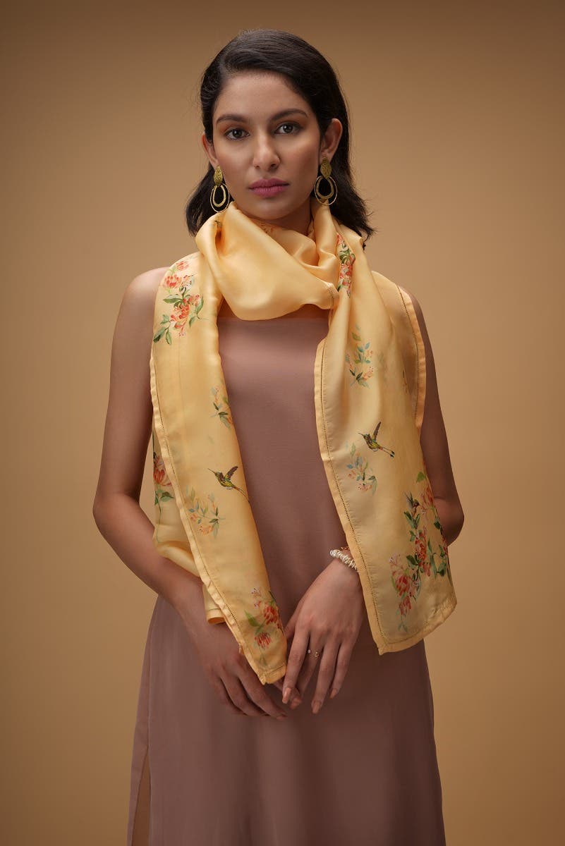 Humming Hovers yellow Stole from Birds of Paradise, Scarves & Stoles Collection