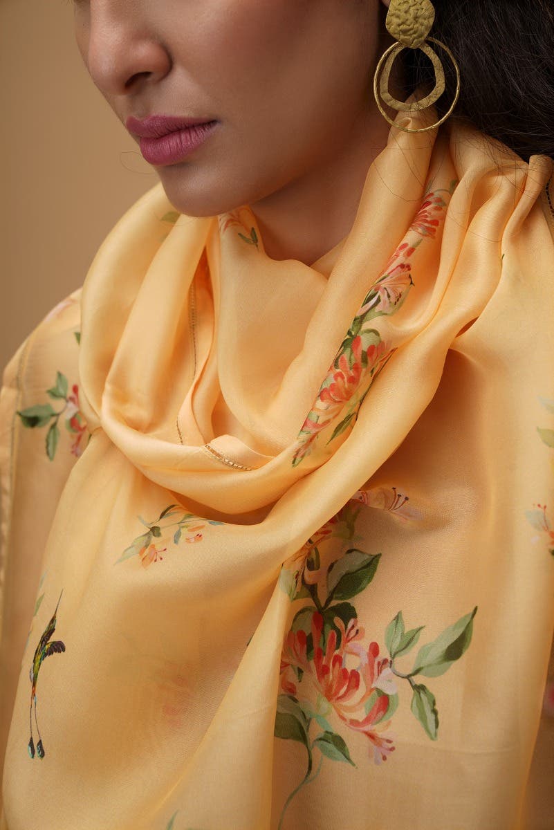 Humming Hovers yellow Stole from Birds of Paradise, Scarves & Stoles Collection