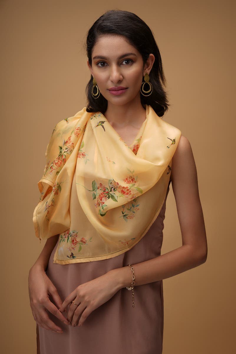 Humming Hovers yellow Stole from Birds of Paradise, Scarves & Stoles Collection