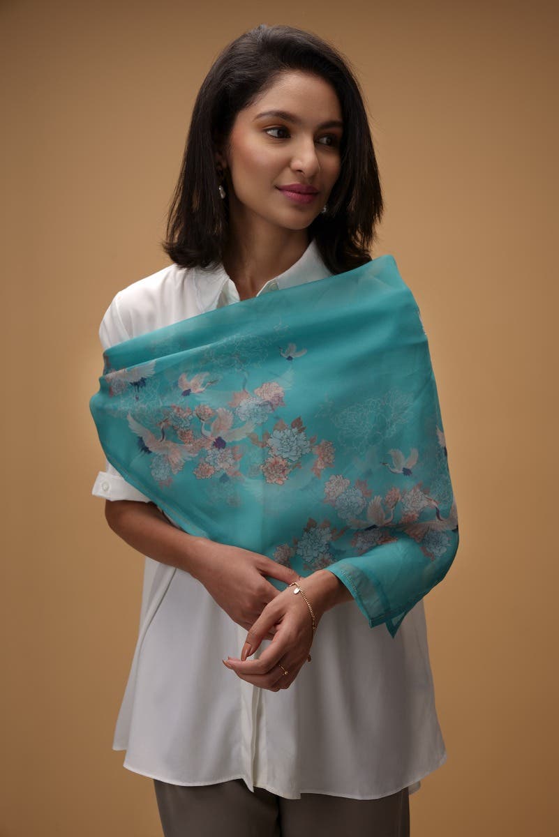 Flying Cranes blue Scarf from Birds of Paradise, Scarves & Stoles Collection