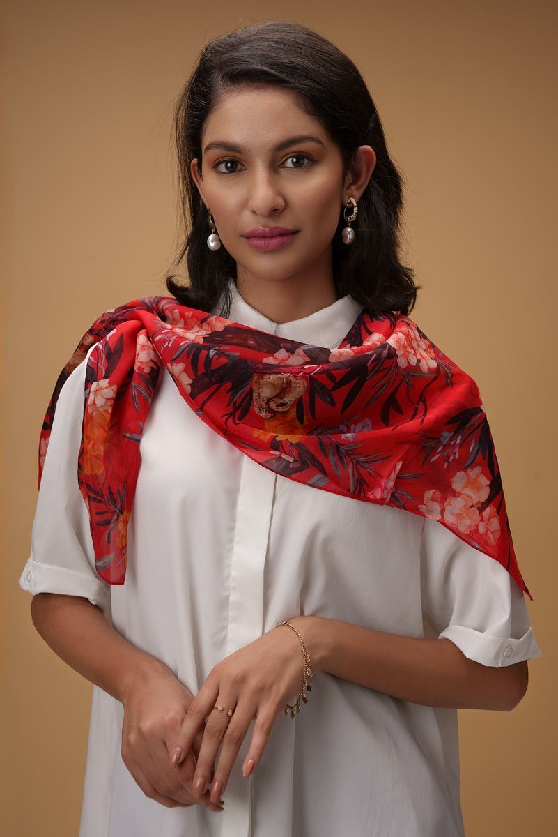 Tropical Parrots Red Scarf from Birds of Paradise, Scarves & Stoles Collection