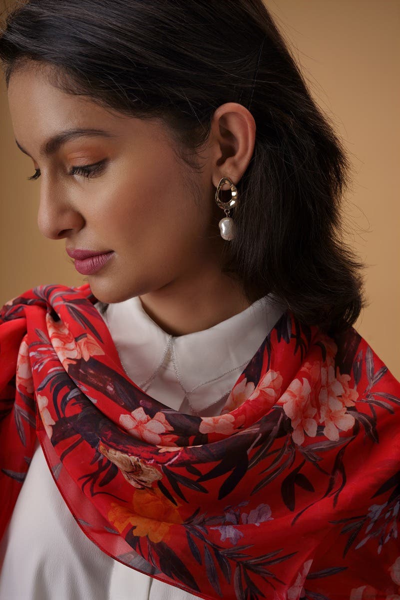 Tropical Parrots Red Scarf from Birds of Paradise, Scarves & Stoles Collection