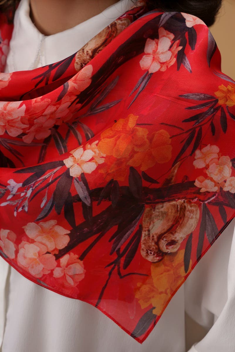 Tropical Parrots Red Scarf from Birds of Paradise, Scarves & Stoles Collection