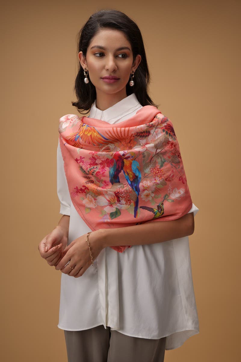Scarlet Macaw peach Scarf from Birds of Paradise, Scarves & Stoles Collection