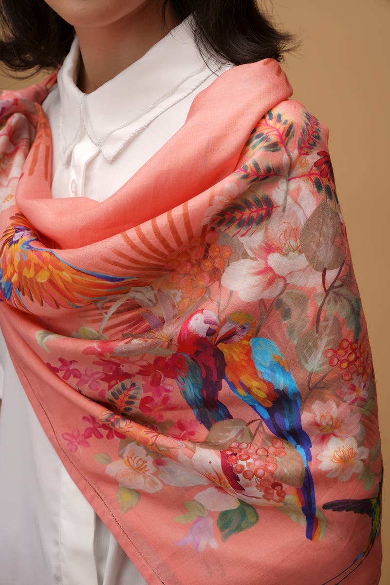 Scarlet Macaw peach Scarf from Birds of Paradise, Scarves & Stoles Collection